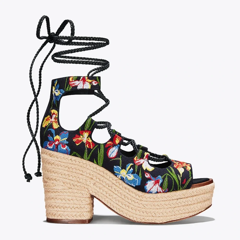 Tory Burch Postiano Embroidered Lace Up Platform Espadrille NAVY/PAINTED IRIS 7